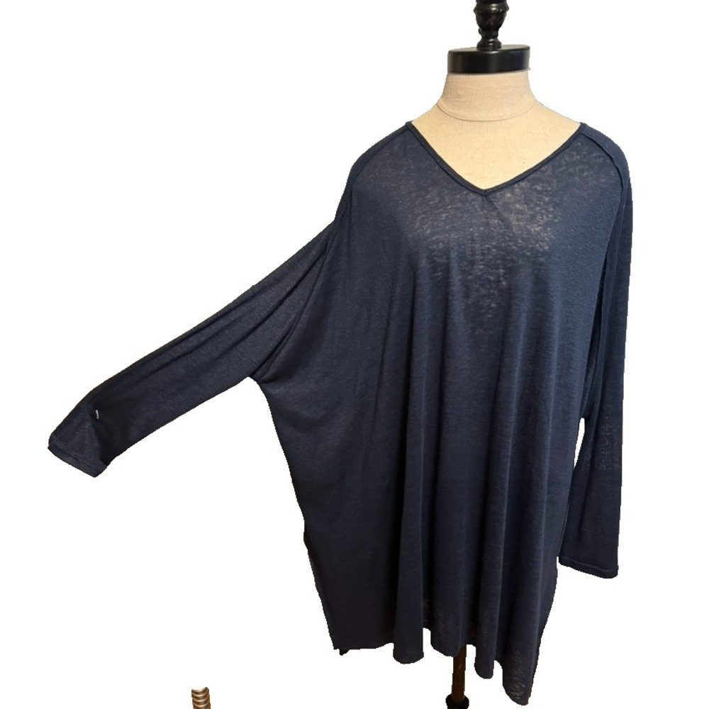 Easel Navy Blue 100% Linen V-Neck Long Sleeve Oversized Tunic Dress NWT S